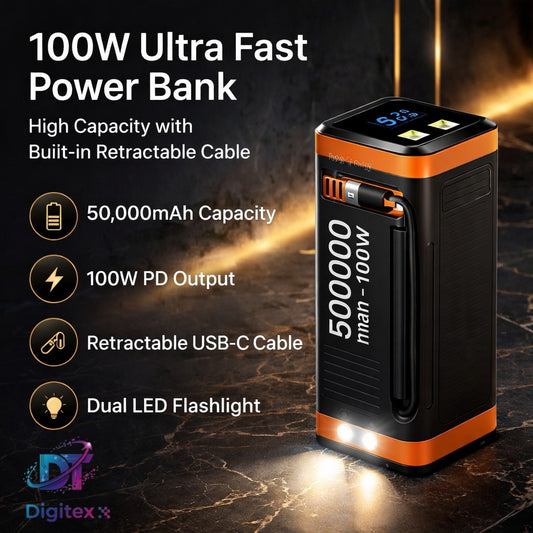 ASOMETECH 50000mAh (185Wh) 100W USB-C PD Power Bank with Built-in Type-C Cable – Fast Charging for Laptops & Smartphones