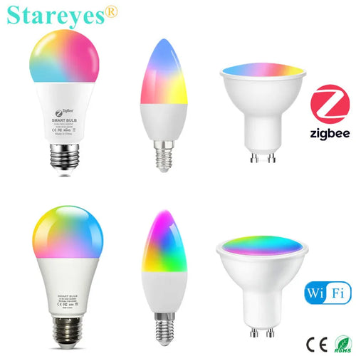 „Tuya“ išmanioji „WiFi Zigbee RGB CCT E27“ 9 W LED lemputė E14 5 W LED žvakės formos GU10 5 W LED prožektorius „Alexa Home Siri Alice“ valdymas