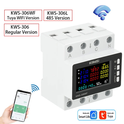 AC 85-290V 80A Tuya WIFI išmanusis grandinės pertraukiklis, trifazis, 4 laidų bėgio įtampos matuoklis, kWh galios energijos matuoklis, programėlės nuotolinio valdymo pultas