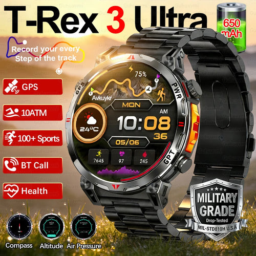 2026 m. Naujas „T-REX 3“ GPS sportinis išmanusis laikrodis vyrams, kompasas, 10 ATM, atsparus vandeniui, 24/7 sveikatos stebėjimas, pokalbiai, GPT, „Bluetooth“ skambučiai, išmanusis laikrodis