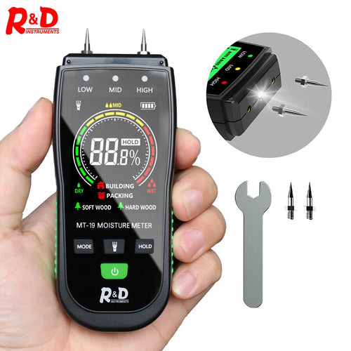 R&D MT19C medienos drėgmės matuoklis, sieninis vandens testeris, skaitmeninis drėgmės matuoklis, dviejų kontaktų higrometras, betono, cemento, plytų detektorius