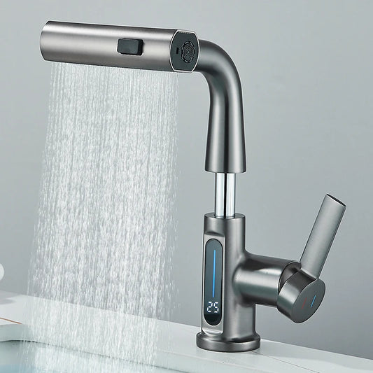 Smart Pull-Out LED Basin Faucet with Digital Temperature Display