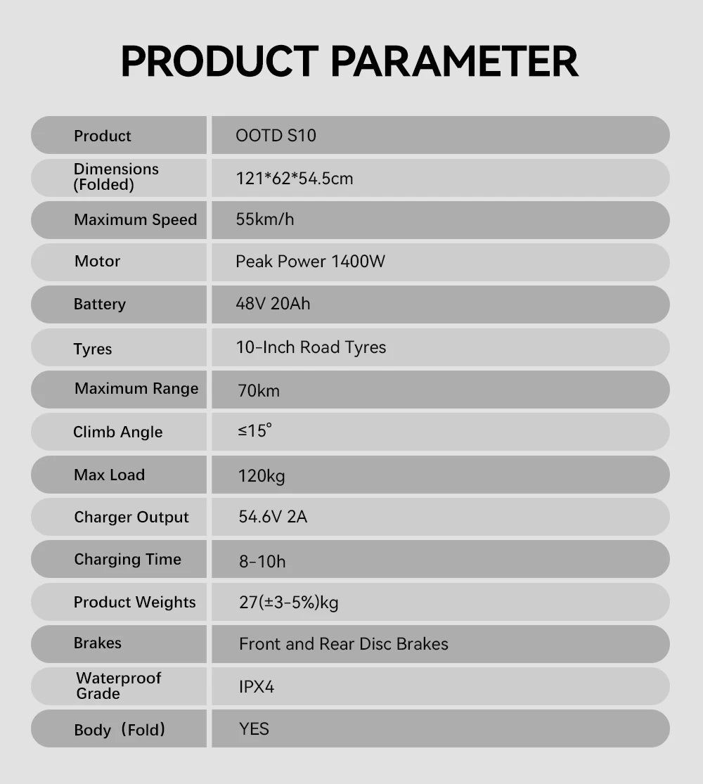 OOTD S10 Electric Scooter – 10" Tires, 1400W, Dual Suspension, 70 km Range