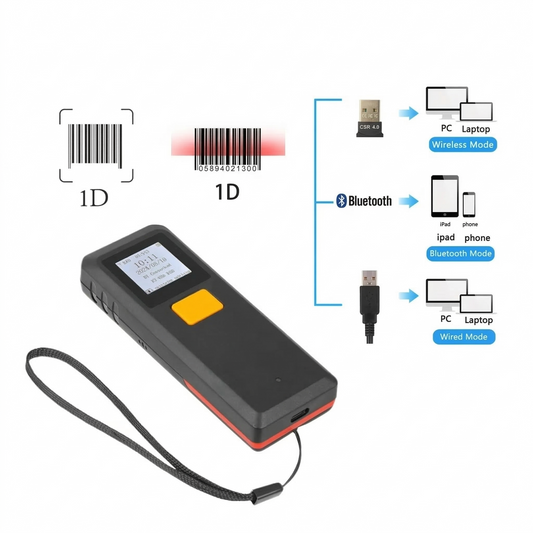 Mini Bluetooth 2D Barcode Scanner with Display – Portable 1D/2D Wireless Data Storage Reader