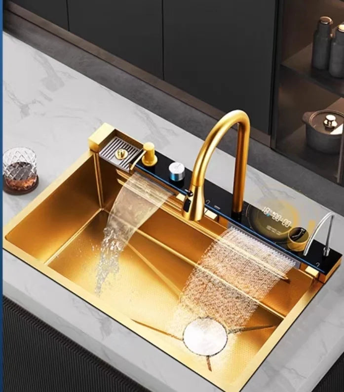 Кухонная мойка с цифровым дисплеем, водопадным дизайном, наносотовой структурой, из нержавеющей стали, односекционная мойка, мойка для посудомоечной машины, многофункциональная. 2024 год.