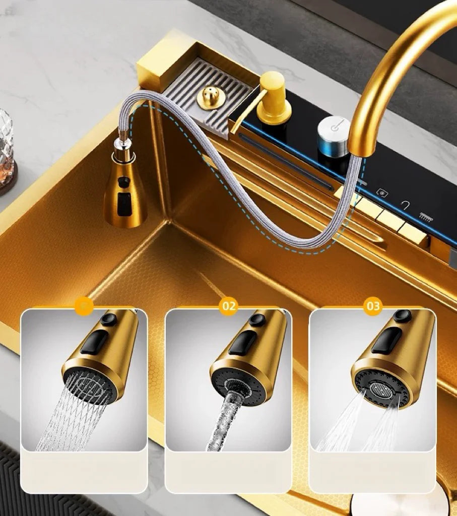 Кухонная мойка с цифровым дисплеем, водопадным дизайном, наносотовой структурой, из нержавеющей стали, односекционная мойка, мойка для посудомоечной машины, многофункциональная. 2024 год.