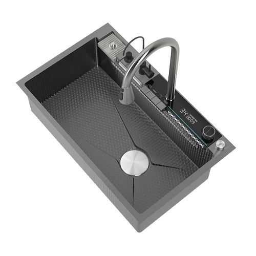 Daugiafunkcinė matinės juodos spalvos virtuvės kriauklė su skaitmeniniu ekranu ir krioklio maišytuvu viešbučio virtuvei