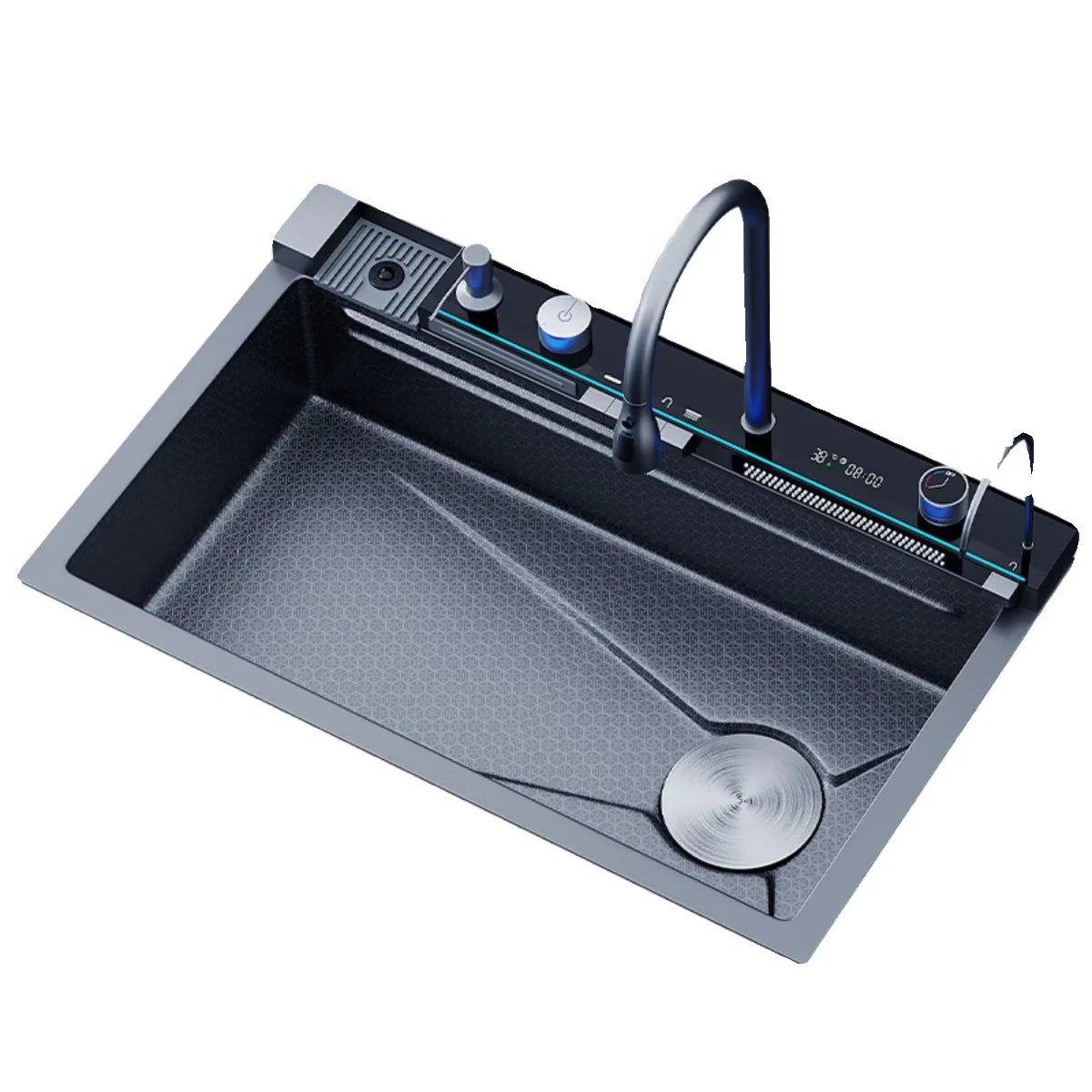 Кухонная мойка с цифровым дисплеем, водопадным дизайном, наносотовой структурой, из нержавеющей стали, односекционная мойка, мойка для посудомоечной машины, многофункциональная. 2024 год.