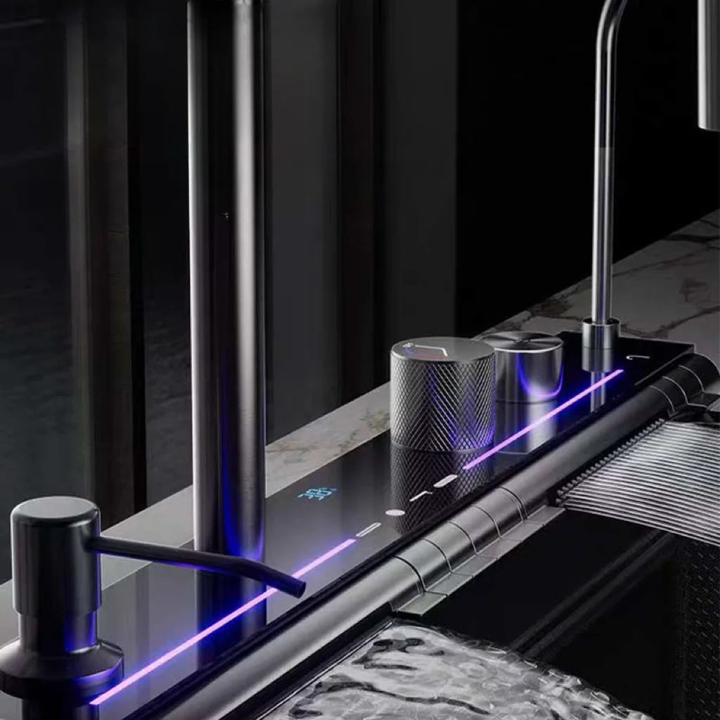 Кухонная мойка с цифровым дисплеем, водопадным дизайном, наносотовой структурой, из нержавеющей стали, односекционная мойка, мойка для посудомоечной машины, многофункциональная. 2024 год.