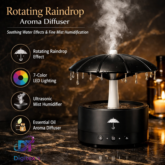Rotating Raindrop Aroma Diffuser – 300ML Ultrasonic Humidifier with Remote Control & 7-Color Ambient Light