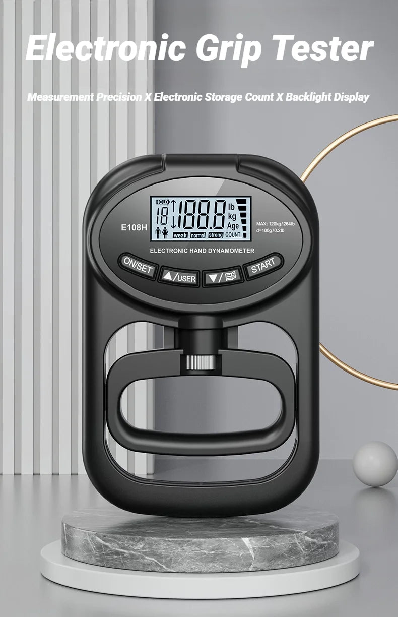 Измеритель силы хвата с ЖК-экраном 265 фунтов/120 кг для мужчин и женщин, цифровой ручной динамометр для тренировок, перезаряжаемый, двойного назначения.