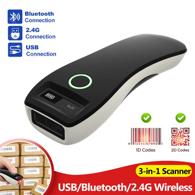 2D brūkšninių kodų skaitytuvas Mini 3 viename USB „Bluetooth“ 2.4G belaidis nešiojamas 1D 2D QR kodo duomenų matricos PDF417 skaitytuvas ir saugojimo funkcija