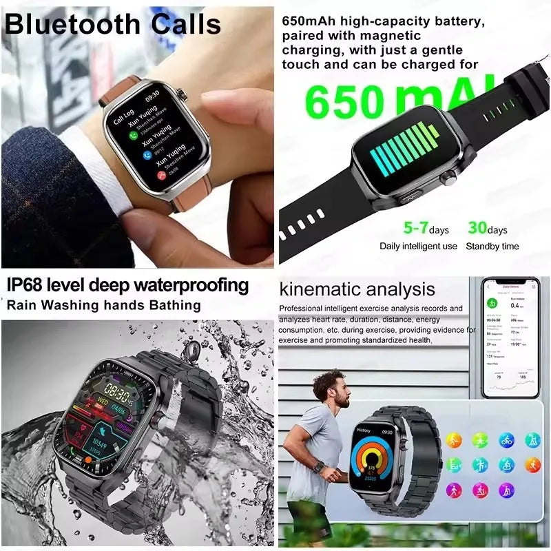 2025 m. naujas išmanusis laikrodis, 2,04 colio AMOLED ekranas, „Bluetooth“ skambučiai, IP68 atsparumas vandeniui, 650 mA, sportiniai išmanieji laikrodžiai vyrams, „Android“, karinio lygio