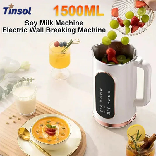Tinsol 1.5L Smart Soy Milk Maker & Heating Blender – Touchscreen, 10-Blade Stainless Steel, Self-Clean (600W)