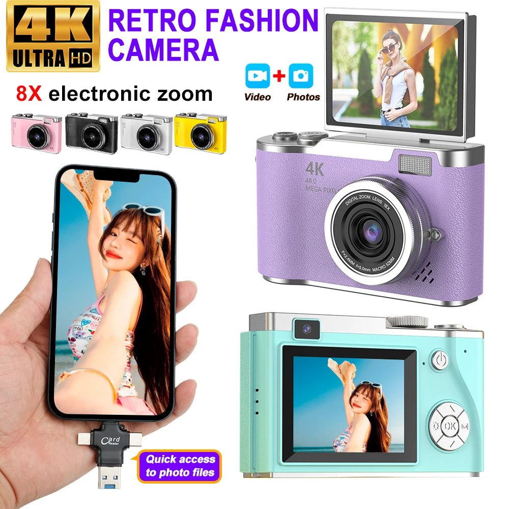 4K Digital Camera 48MP Kid Camera Autofocus Vlogging Camera 2.4inches Flip the screen 180 ° for Kid Adult Beginners Portable Cam