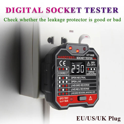 Skaitmeninis lizdo ieškiklis, JAV/JK/ES kištukinių lizdų testeris, įtampos bandymas, įžeminimo nulio linijos fazės bandymas, RCD NCV bandymas