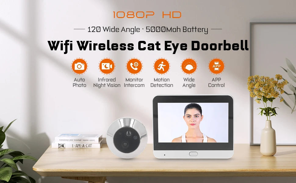4,3 colio „Tuya Smart 1080P WiFi“ vaizdo kamera su naktinio matymo funkcija, skirta namų apsaugai ir durų kamerai