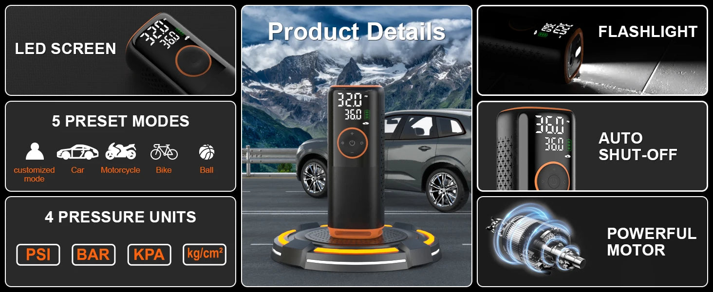 160 PSI nešiojamas padangų pripūtimo oro kompresorius su padangų slėgio matuokliu automobilių, dviračių, motociklų padangoms, kamuoliams ir kt.