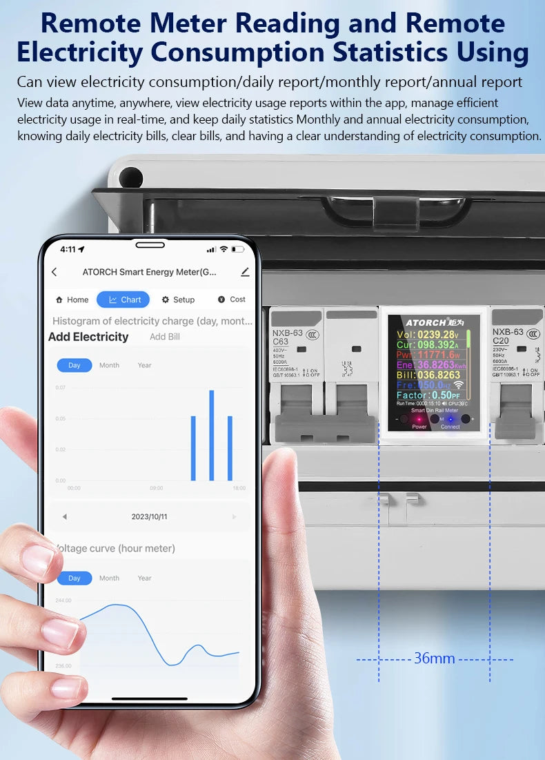 100A „Tuya WiFi“ DIN bėgelio galios ir energijos skaitiklis AC50–320V išmanusis elektros energijos skaitiklis skaitmeninis ekranas su įtampos kreive ir ampermetras GR2PW
