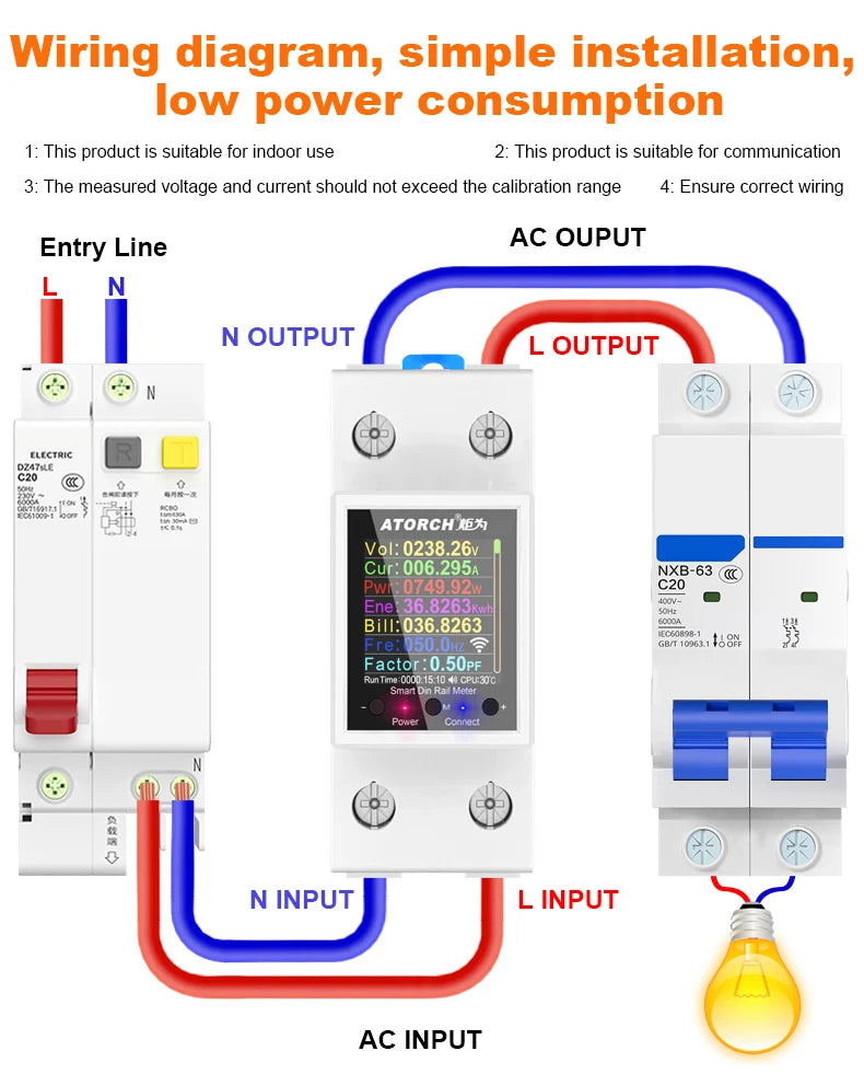 100A „Tuya WiFi“ DIN bėgelio galios ir energijos skaitiklis AC50–320V išmanusis elektros energijos skaitiklis skaitmeninis ekranas su įtampos kreive ir ampermetras GR2PW
