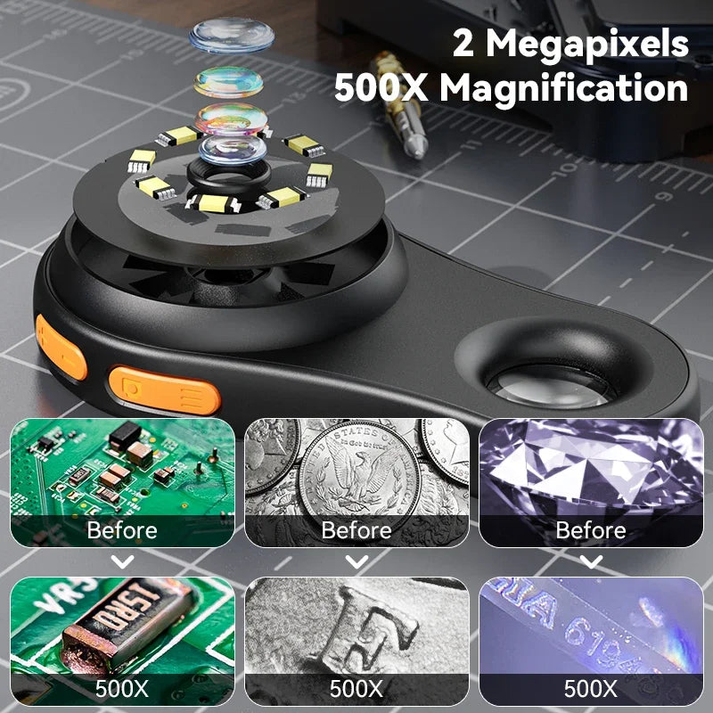 2.0inch 500X Digital Microscope 1080P Video Coin Microscopio with Magnifying Glass Wiht 8Leds for Electronics Repair