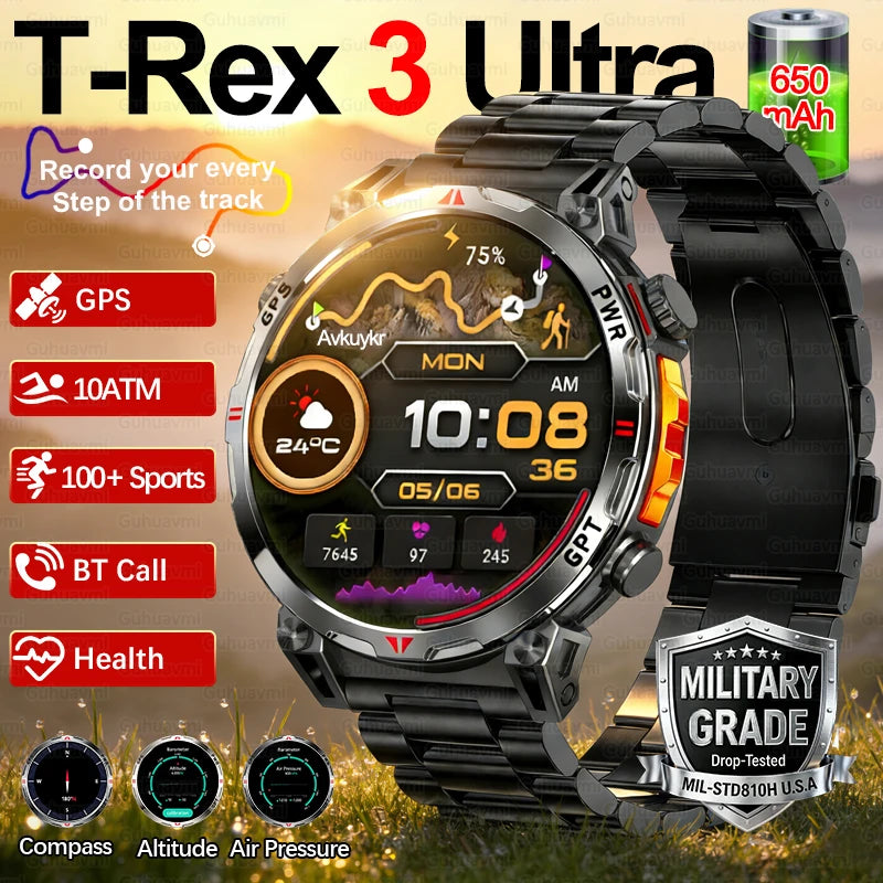 2026 m. Naujas „T-REX 3“ GPS sportinis išmanusis laikrodis vyrams, kompasas, 10 ATM, atsparus vandeniui, 24/7 sveikatos stebėjimas, pokalbiai, GPT, „Bluetooth“ skambučiai, išmanusis laikrodis