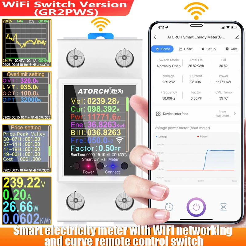 100A „Tuya WiFi“ DIN bėgelio galios ir energijos skaitiklis AC50–320V išmanusis elektros energijos skaitiklis skaitmeninis ekranas su įtampos kreive ir ampermetras GR2PW