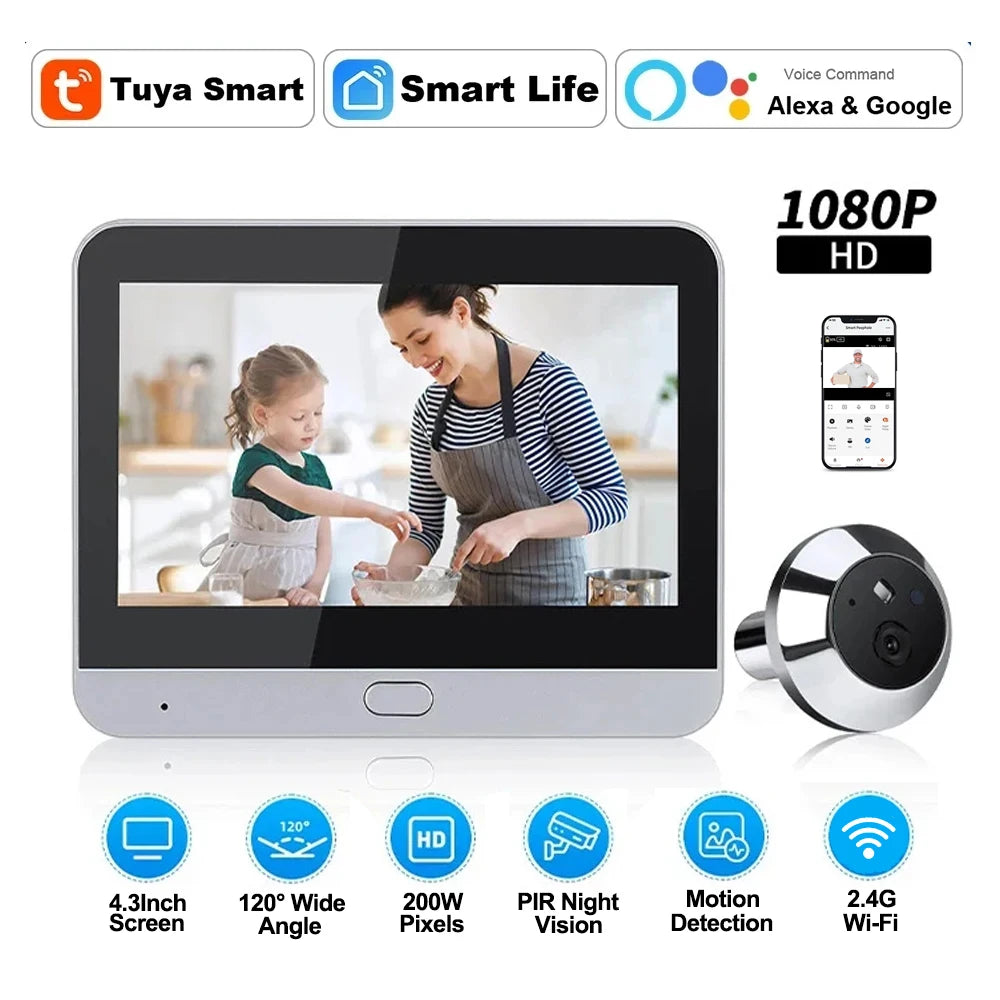 4,3 colio „Tuya Smart 1080P WiFi“ vaizdo kamera su naktinio matymo funkcija, skirta namų apsaugai ir durų kamerai