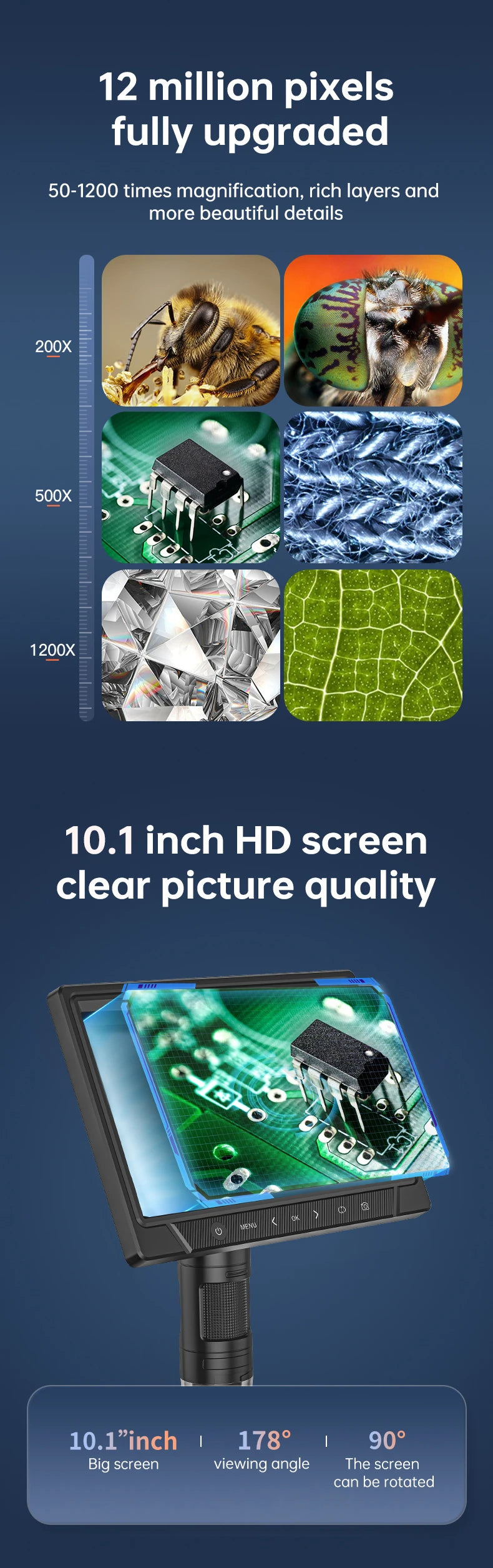 10.1'' Digital Microscope Full View 1920P Coin Microscope with 28 LEDs USB Professional Electron Microscopios For Repair 3000mAH