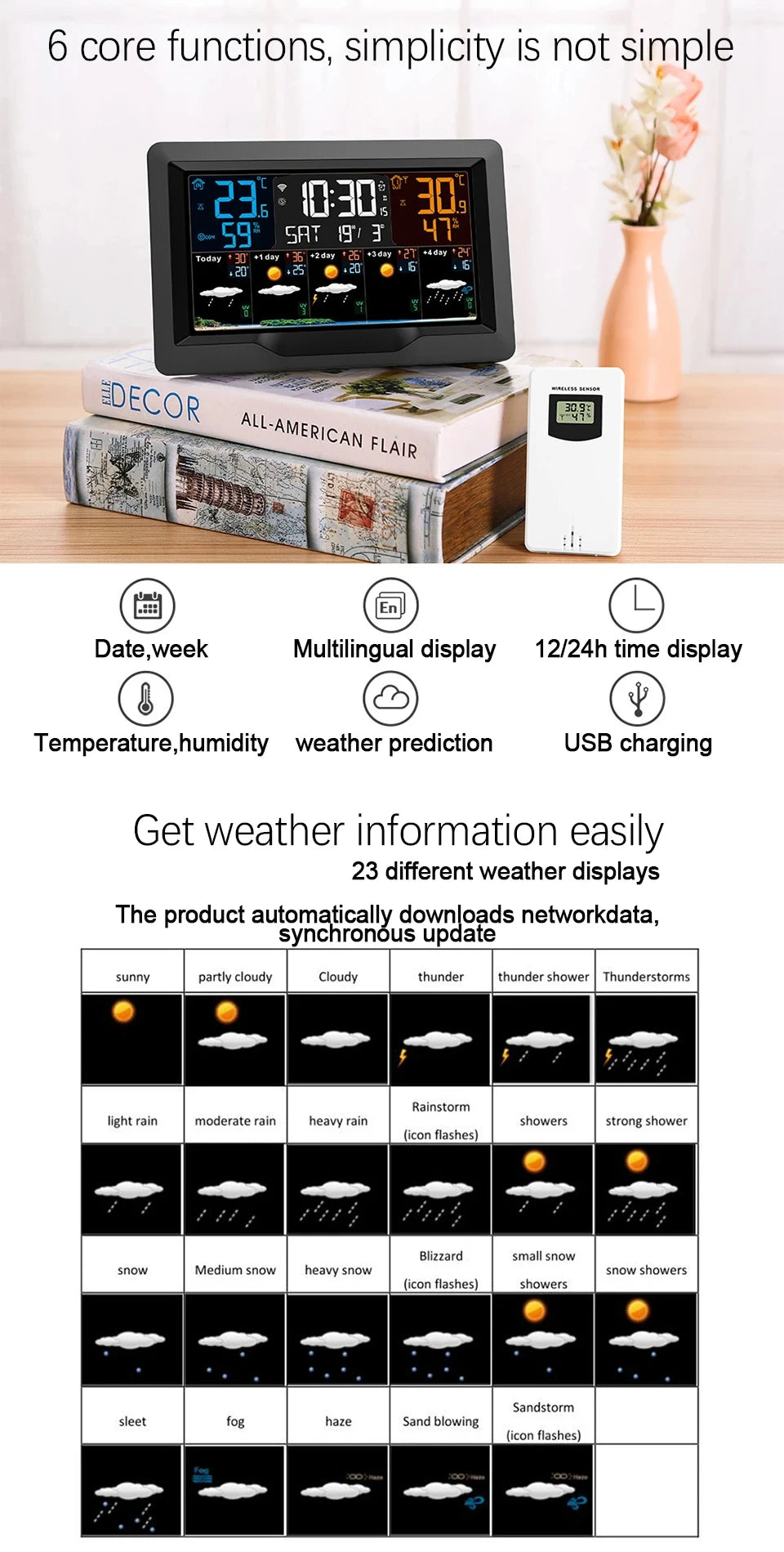 Smart WiFi Weather Station with Color Display – Indoor & Outdoor Climate Monitor