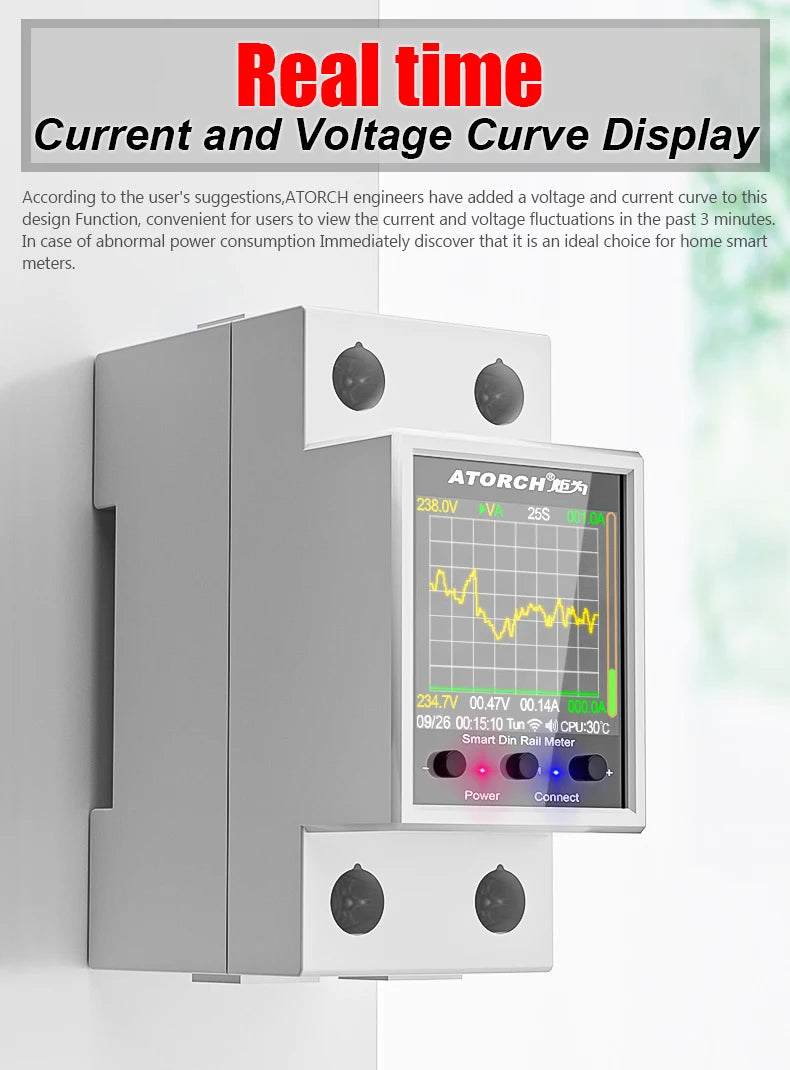 100A „Tuya WiFi“ DIN bėgelio galios ir energijos skaitiklis AC50–320V išmanusis elektros energijos skaitiklis skaitmeninis ekranas su įtampos kreive ir ampermetras GR2PW