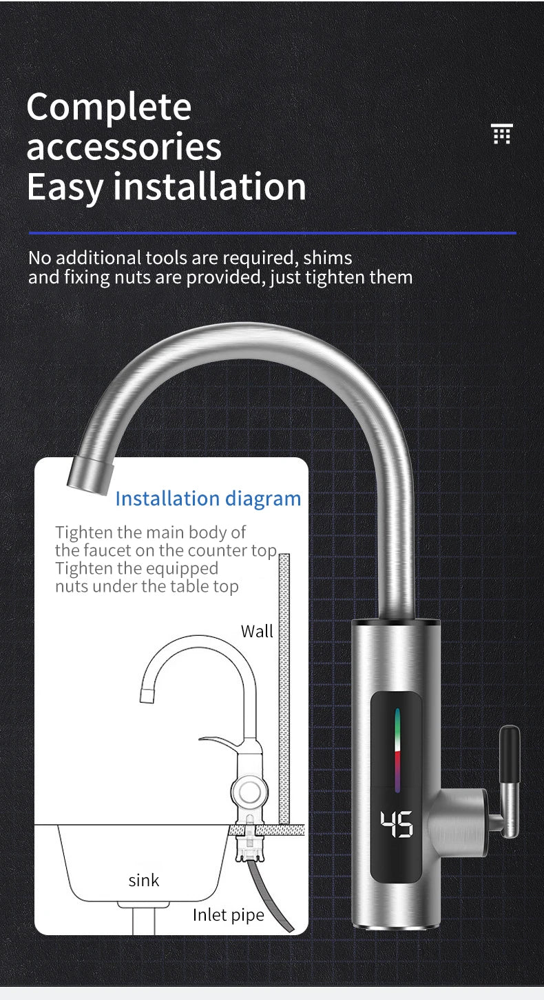 3000 W 220 V elektrinis virtuvės vandens šildytuvas, momentinio karšto nerūdijančio plieno vandens čiaupo šildytuvas, šalto šildymo čiaupas