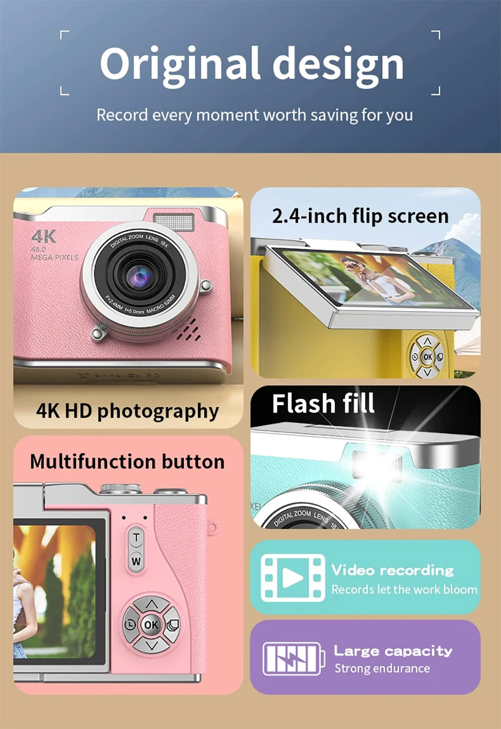 4K Digital Camera 48MP Kid Camera Autofocus Vlogging Camera 2.4inches Flip the screen 180 ° for Kid Adult Beginners Portable Cam