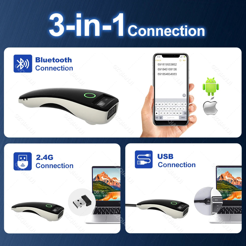 2D Barcode Scanner Mini 3-in-1 Usb Bluetooth 2.4G Wireless Portable 1D 2D QR Code Data Matrix PDF417 Reader & Storage Function