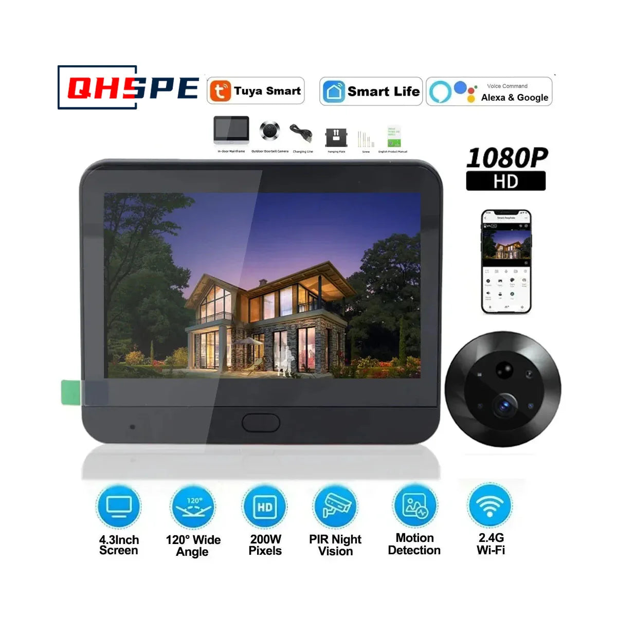 4,3 colio „Tuya Smart 1080P WiFi“ vaizdo kamera su naktinio matymo funkcija, skirta namų apsaugai ir durų kamerai