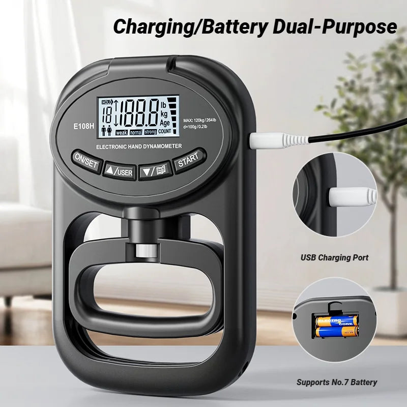 Измеритель силы хвата с ЖК-экраном 265 фунтов/120 кг для мужчин и женщин, цифровой ручной динамометр для тренировок, перезаряжаемый, двойного назначения.