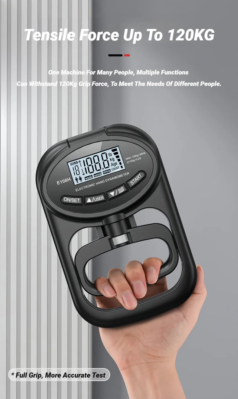 Измеритель силы хвата с ЖК-экраном 265 фунтов/120 кг для мужчин и женщин, цифровой ручной динамометр для тренировок, перезаряжаемый, двойного назначения.