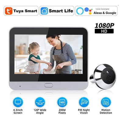 4,3 colio „Tuya Smart 1080P WiFi“ vaizdo kamera su naktinio matymo funkcija, skirta namų apsaugai ir durų kamerai