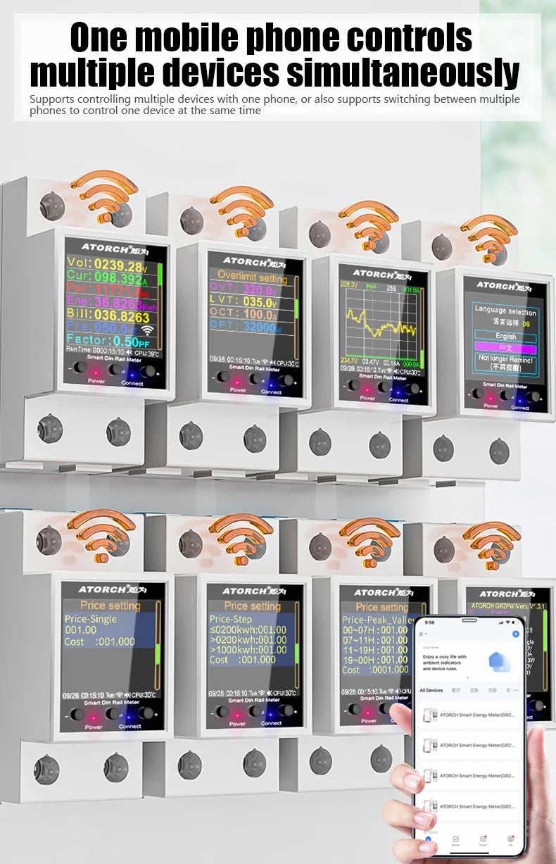 100A „Tuya WiFi“ DIN bėgelio galios ir energijos skaitiklis AC50–320V išmanusis elektros energijos skaitiklis skaitmeninis ekranas su įtampos kreive ir ampermetras GR2PW