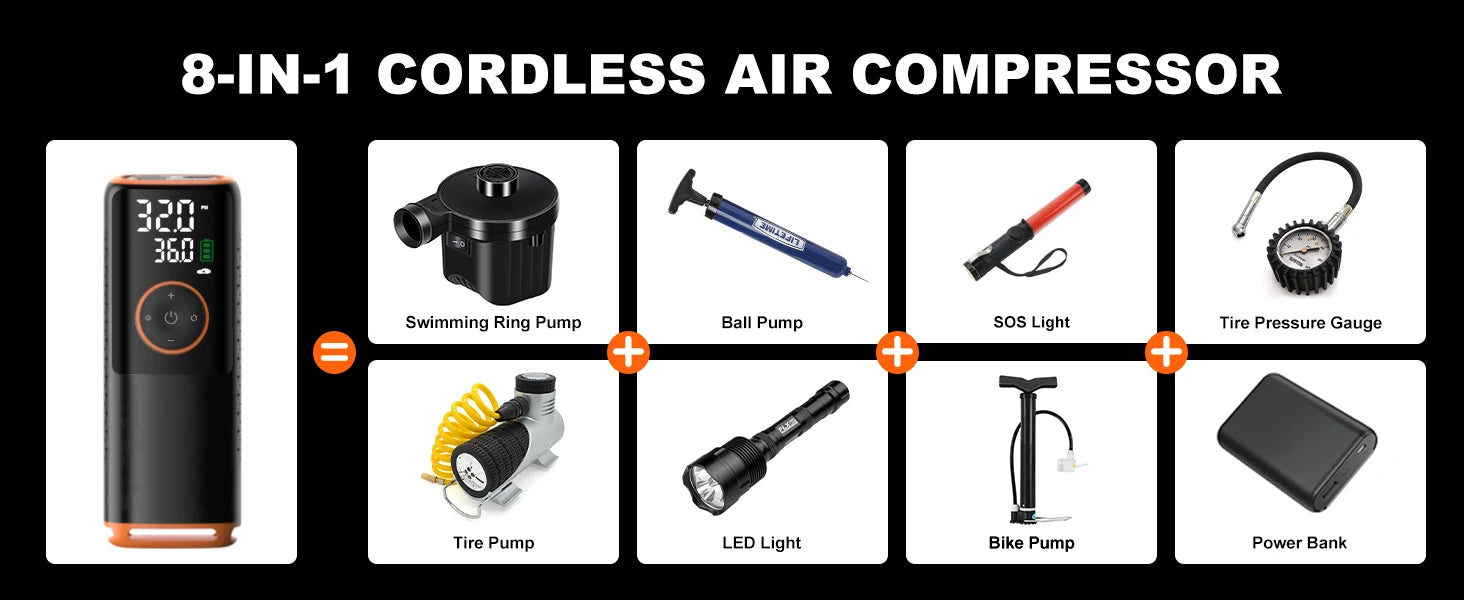 160 PSI nešiojamas padangų pripūtimo oro kompresorius su padangų slėgio matuokliu automobilių, dviračių, motociklų padangoms, kamuoliams ir kt.