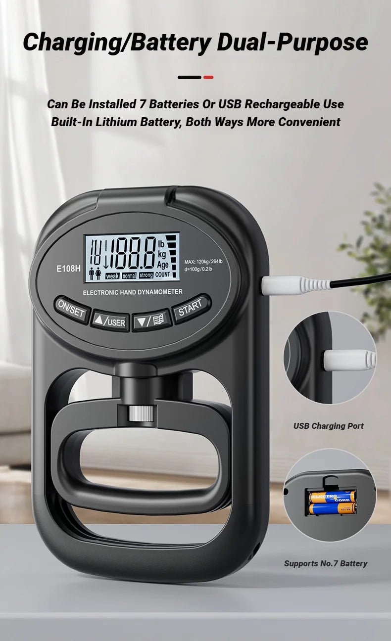 Измеритель силы хвата с ЖК-экраном 265 фунтов/120 кг для мужчин и женщин, цифровой ручной динамометр для тренировок, перезаряжаемый, двойного назначения.