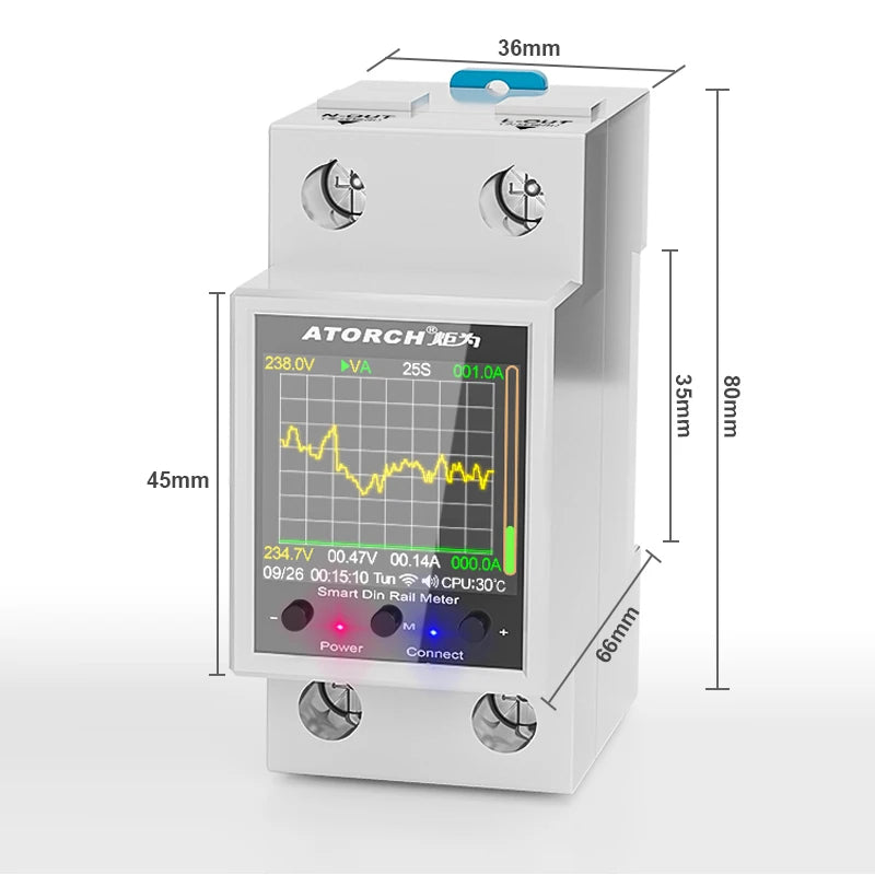 100A „Tuya WiFi“ DIN bėgelio galios ir energijos skaitiklis AC50–320V išmanusis elektros energijos skaitiklis skaitmeninis ekranas su įtampos kreive ir ampermetras GR2PW