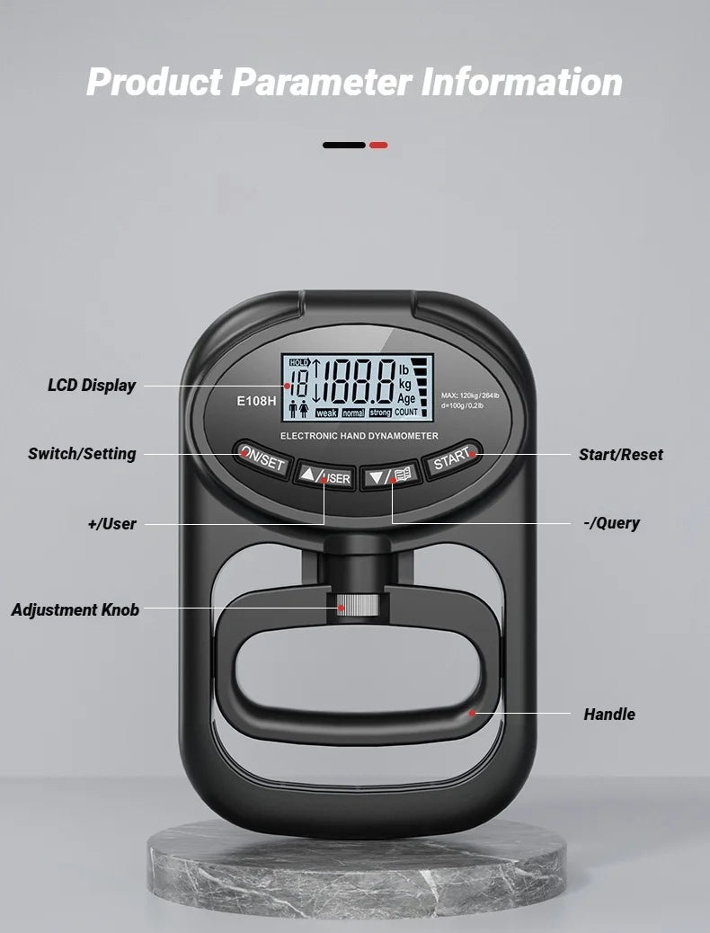 Измеритель силы хвата с ЖК-экраном 265 фунтов/120 кг для мужчин и женщин, цифровой ручной динамометр для тренировок, перезаряжаемый, двойного назначения.