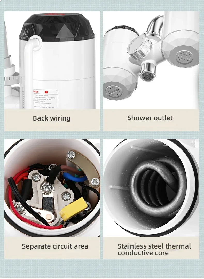 3000W Instant Hot Water Heater Faucet Electric Tankless for Kitchen Fast Heating Tap with Temperature Display