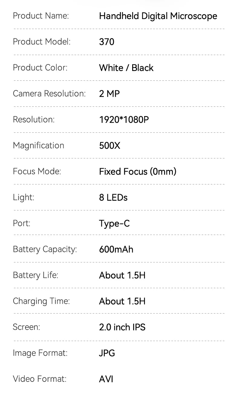 2.0inch 500X Digital Microscope 1080P Video Coin Microscopio with Magnifying Glass Wiht 8Leds for Electronics Repair