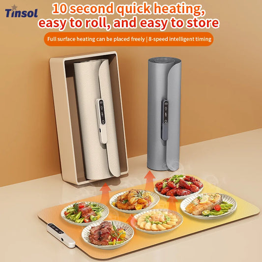 TINSOL Foldable Silicone Food Warmer Pad – 8-Level Temperature Control Portable Heating Mat with Timer 50–120°C