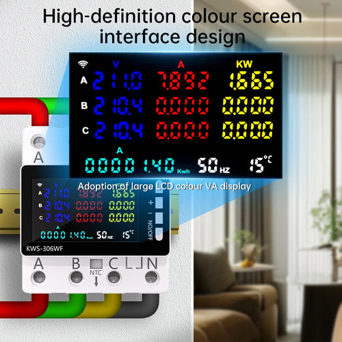 80A „Tuya WIFI Smart Life“ įtampos matuoklis, kintamosios srovės, 85–290 V, 3 fazių, 4 laidų, DIN bėgelio energijos monitorius, KWS srovės galios matuoklis