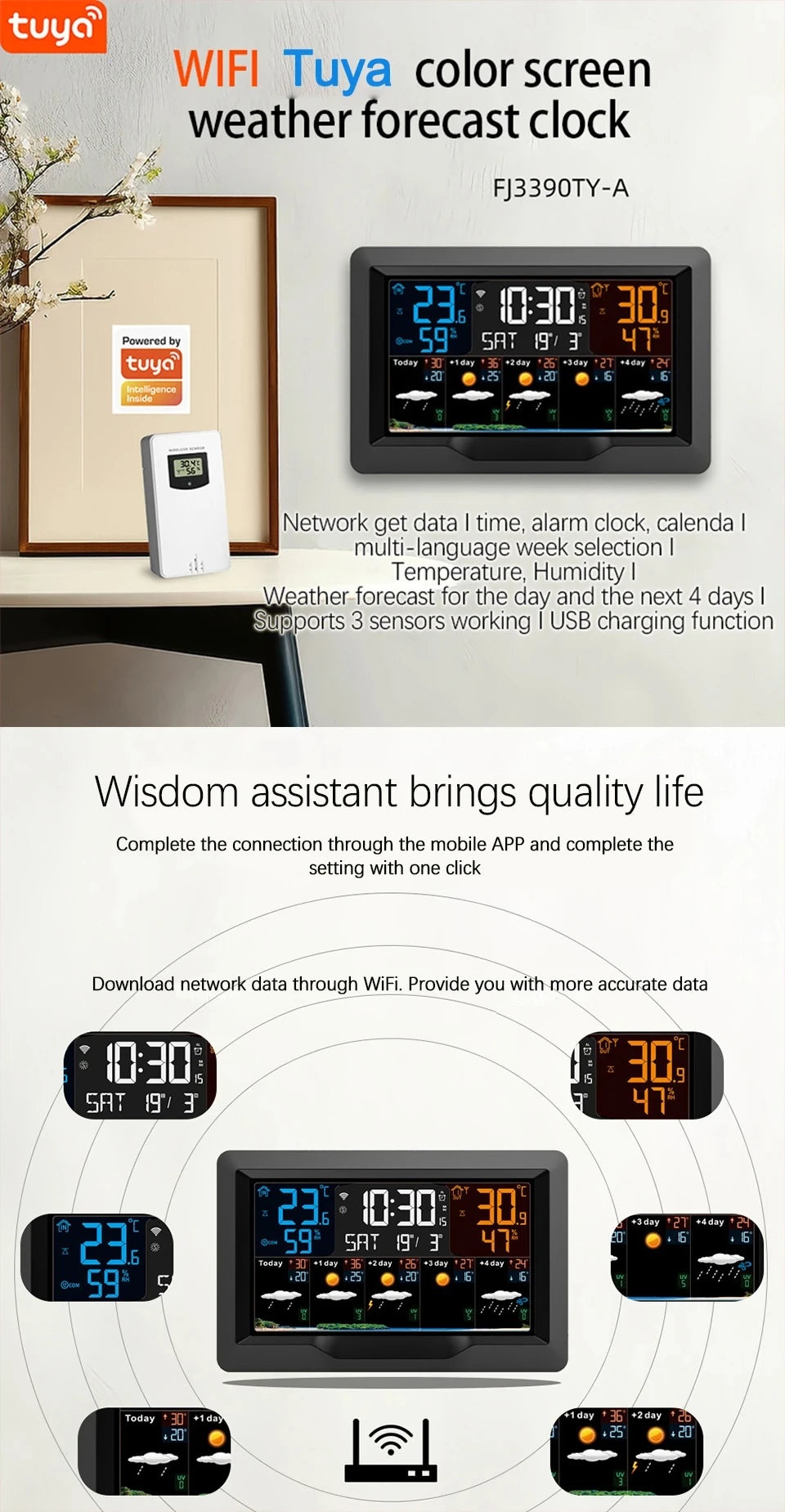 Smart WiFi Weather Station with Color Display – Indoor & Outdoor Climate Monitor