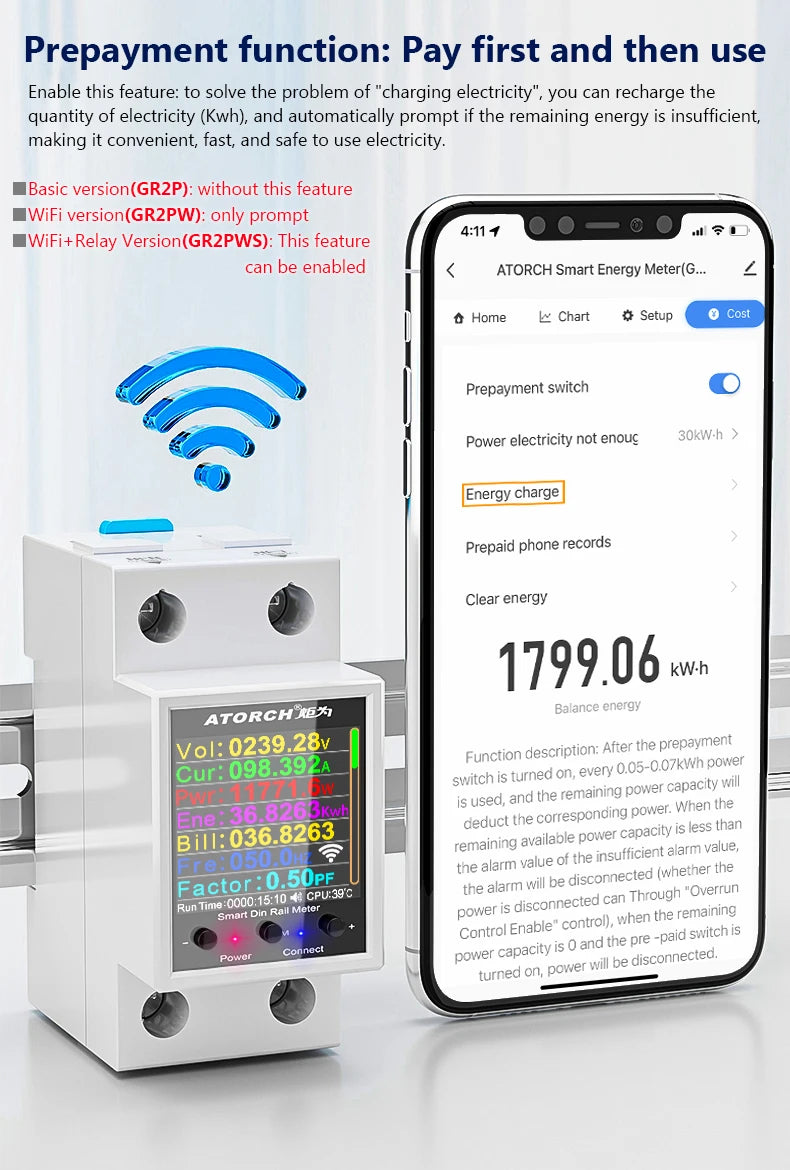 100A „Tuya WiFi“ DIN bėgelio galios ir energijos skaitiklis AC50–320V išmanusis elektros energijos skaitiklis skaitmeninis ekranas su įtampos kreive ir ampermetras GR2PW