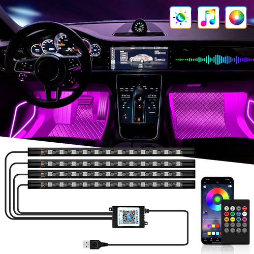 Neoninės LED automobilio salono aplinkos kojų apšvietimo komplektas, priedai, foninis apšvietimas, nuotolinio valdymo programėlė, muzikos valdymas, automatinės RGB dekoratyvinės lempos.